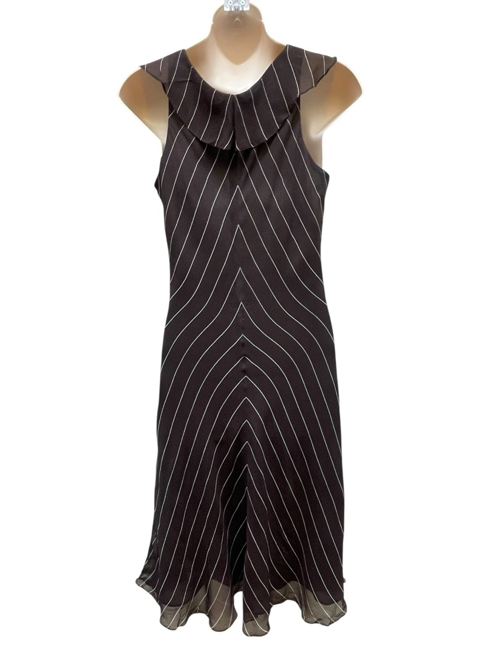 Lauren Ralph Lauren 100% Silk Ruffle Dress Brown Pinstripe Sleeveless Size 6 - Picture 7 of 9